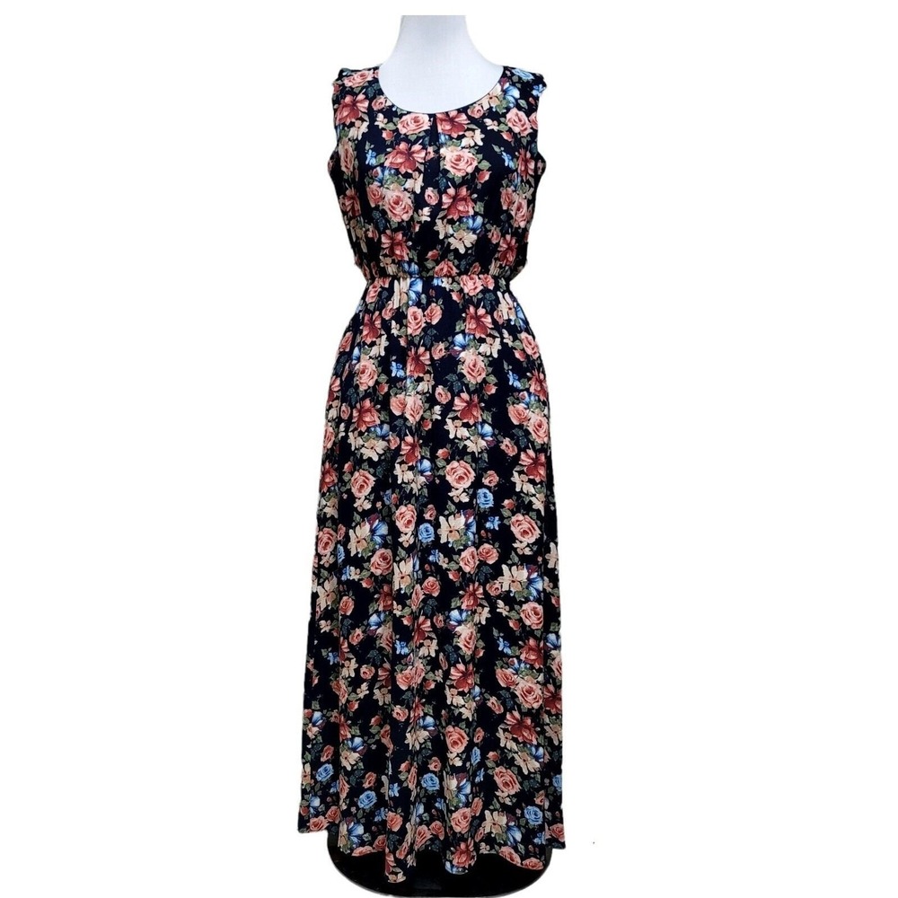 Jody California L 90s Y2K Floral Sleeveless Maxi Dress Navy Blue Pink Gardencore
